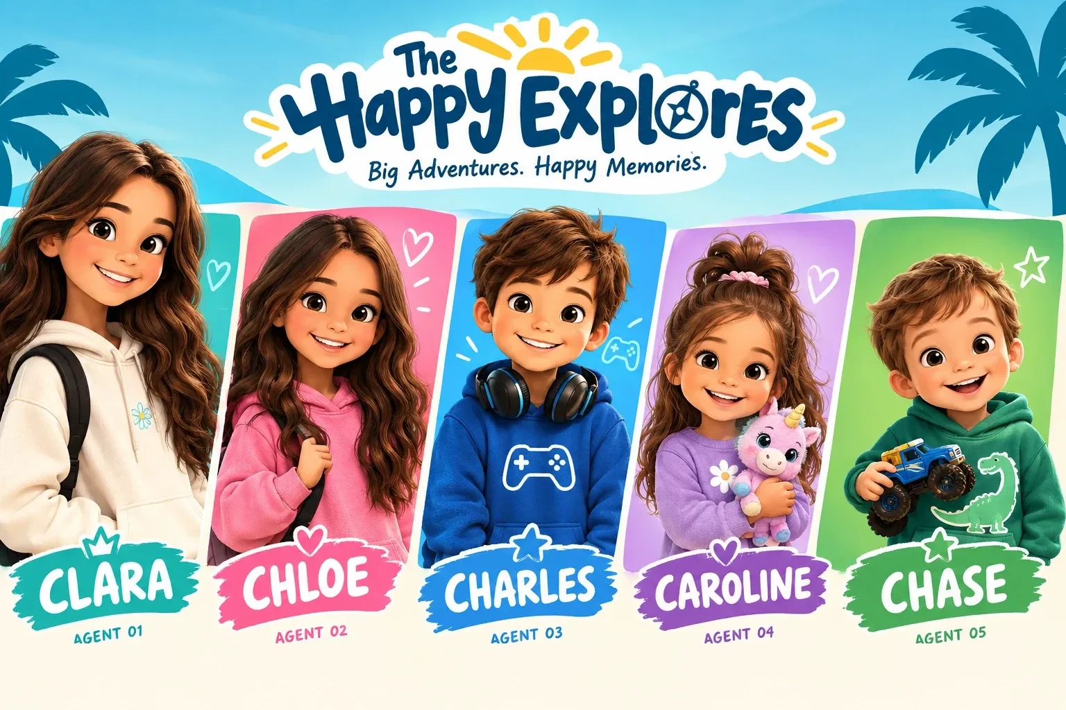 Cartoon line-up of The Happy Explorers agents: Clara, Chloe, Charles, Caroline and Chase